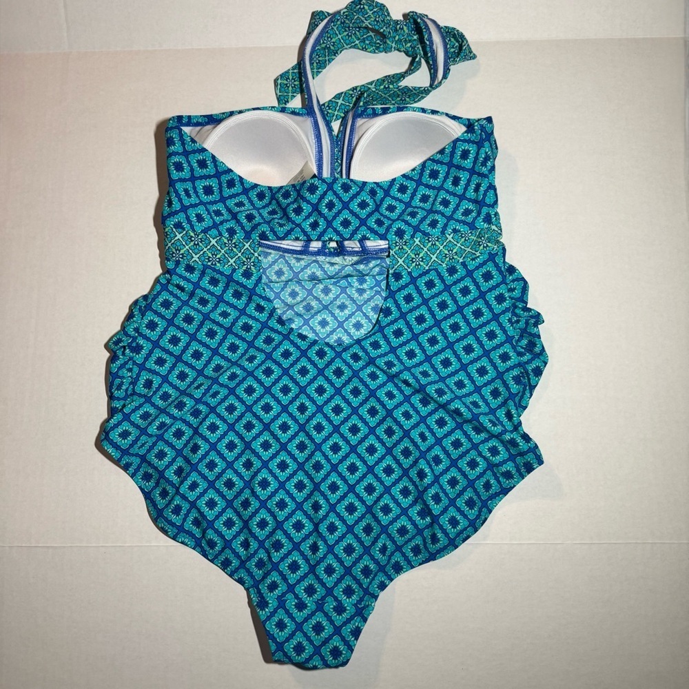 Motherhood Maternity Geometric One Piece Swimsuit Beach Bump Halter Size M Teal - Picture 3 of 6